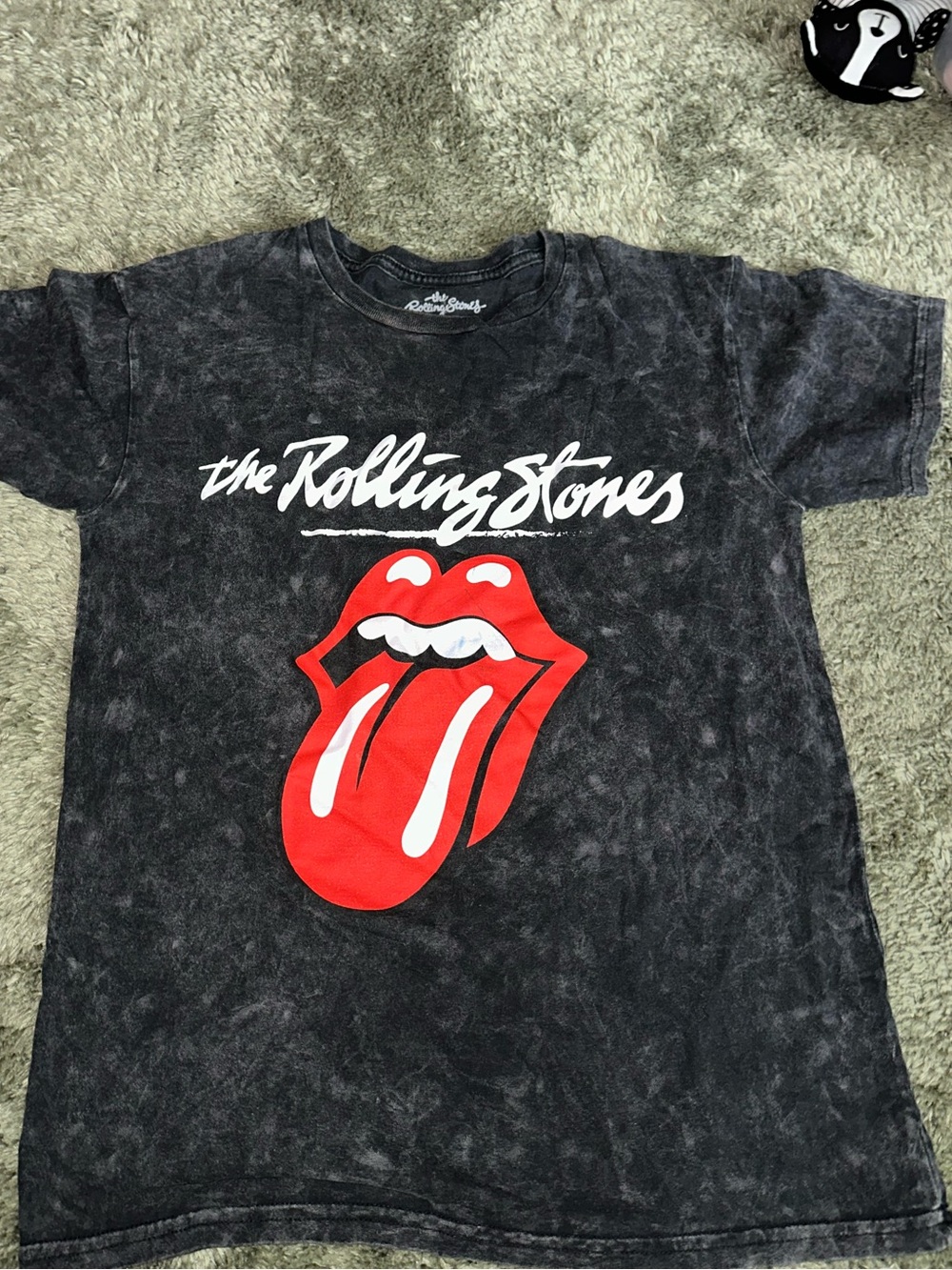Rolling Stones Black Mineral-Wash Tee with Red Tongue Logo